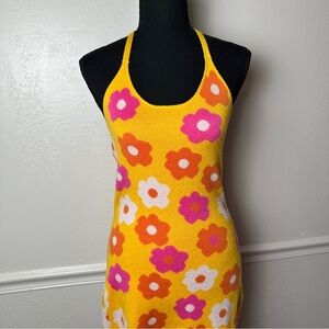 Yellow Floral Knit Mini Dress with Pink & Orange Blooms